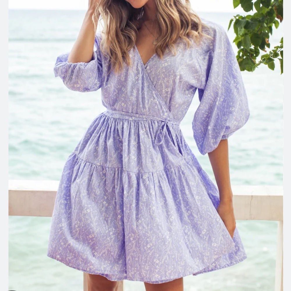 Bali Elf Handmade Honey Bunny Wrap Mini Dress Lilac Floral Cotton NEW
